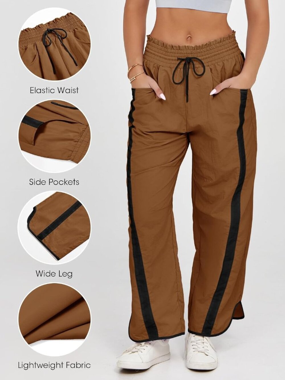 Women's Camel High Rise Baggy Wide Leg Pants Casual Drawstring Elastic Waisted - Picture 3 of 6